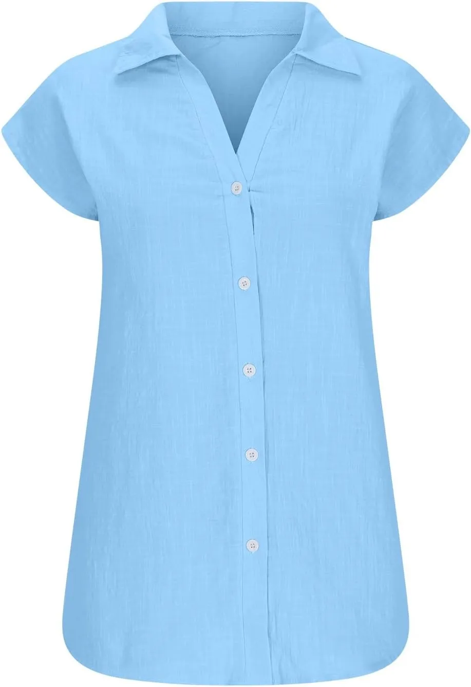 Women Summer Cotton Linen Tops Short Sleeve Button Down Shirts Trendy Dressy Blouse Tops Casual Chambray Clothes 2024