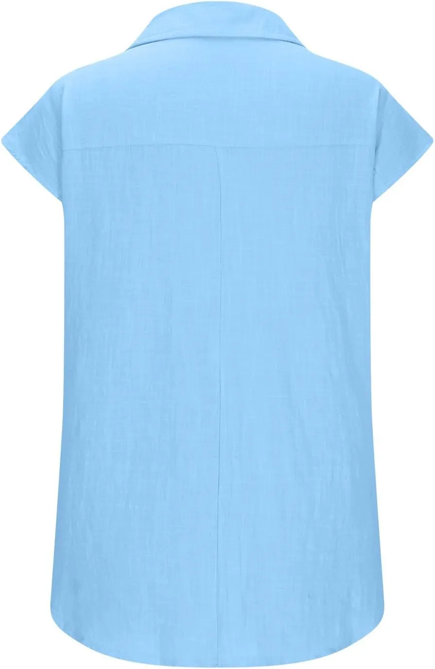 Women Summer Cotton Linen Tops Short Sleeve Button Down Shirts Trendy Dressy Blouse Tops Casual Chambray Clothes 2024