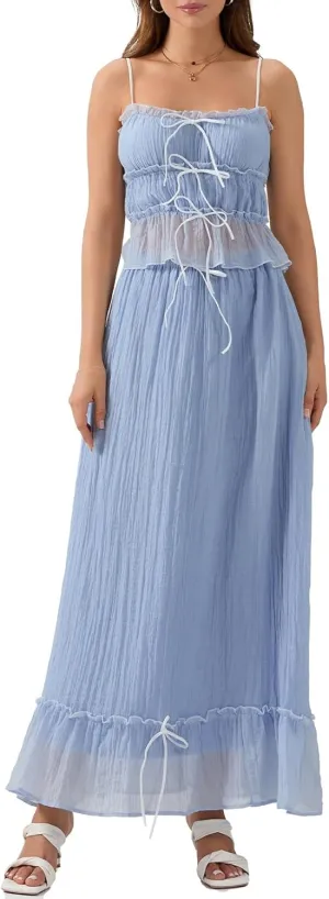 Women Two Piece Maxi Skirt Set Y2K Sleeveless Tie Front Crop Cami Top Ruffle Long Skirt Set Summer Beach Outfits