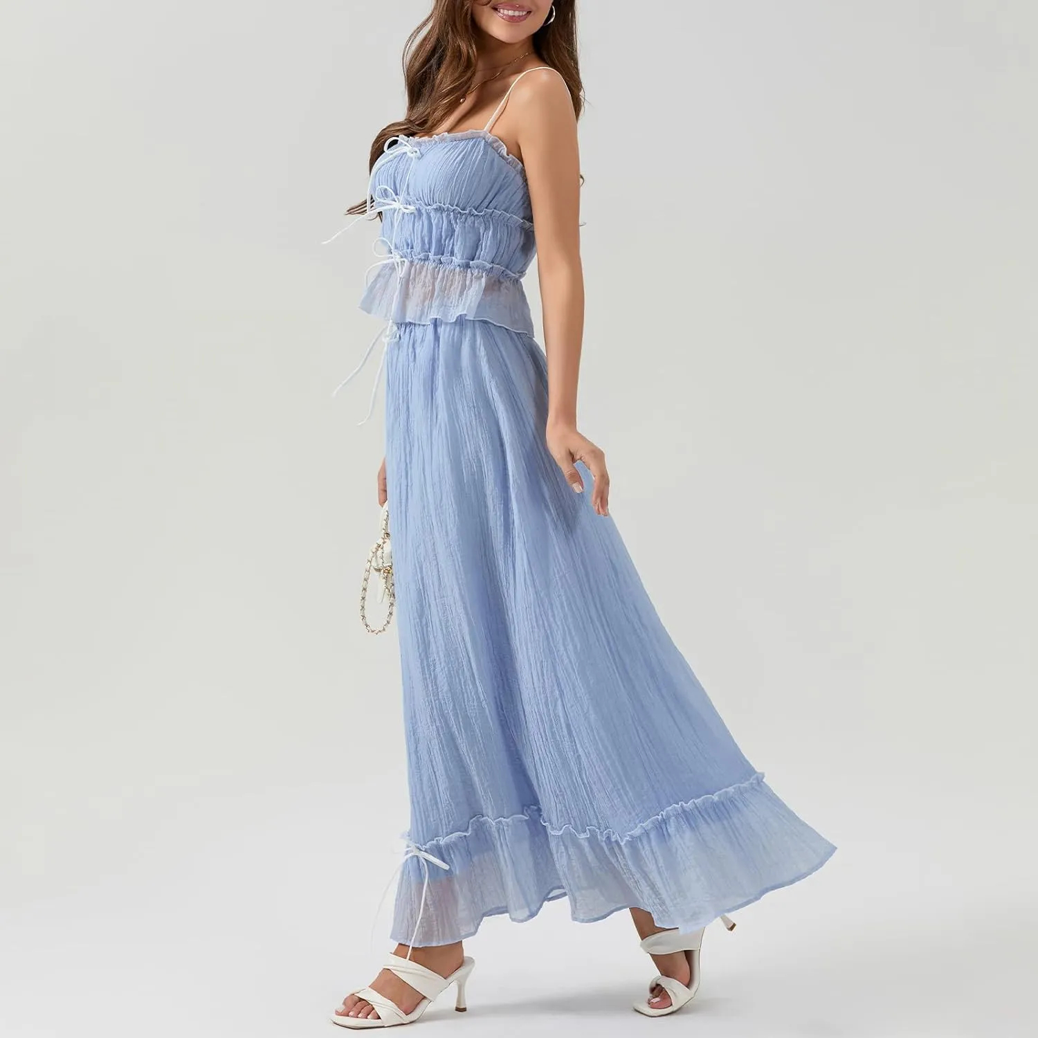 Women Two Piece Maxi Skirt Set Y2K Sleeveless Tie Front Crop Cami Top Ruffle Long Skirt Set Summer Beach Outfits
