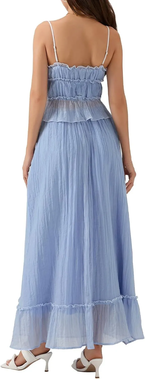 Women Two Piece Maxi Skirt Set Y2K Sleeveless Tie Front Crop Cami Top Ruffle Long Skirt Set Summer Beach Outfits