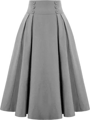 Women Vintage Elastic High Waist Pleated Skirt Gothic Button Midi A-Line Swing Skirts Work Casual Dress 2025 Trendy