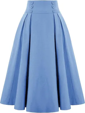 Women Vintage Elastic High Waist Pleated Skirt Gothic Button Midi A-Line Swing Skirts Work Casual Dress 2025 Trendy