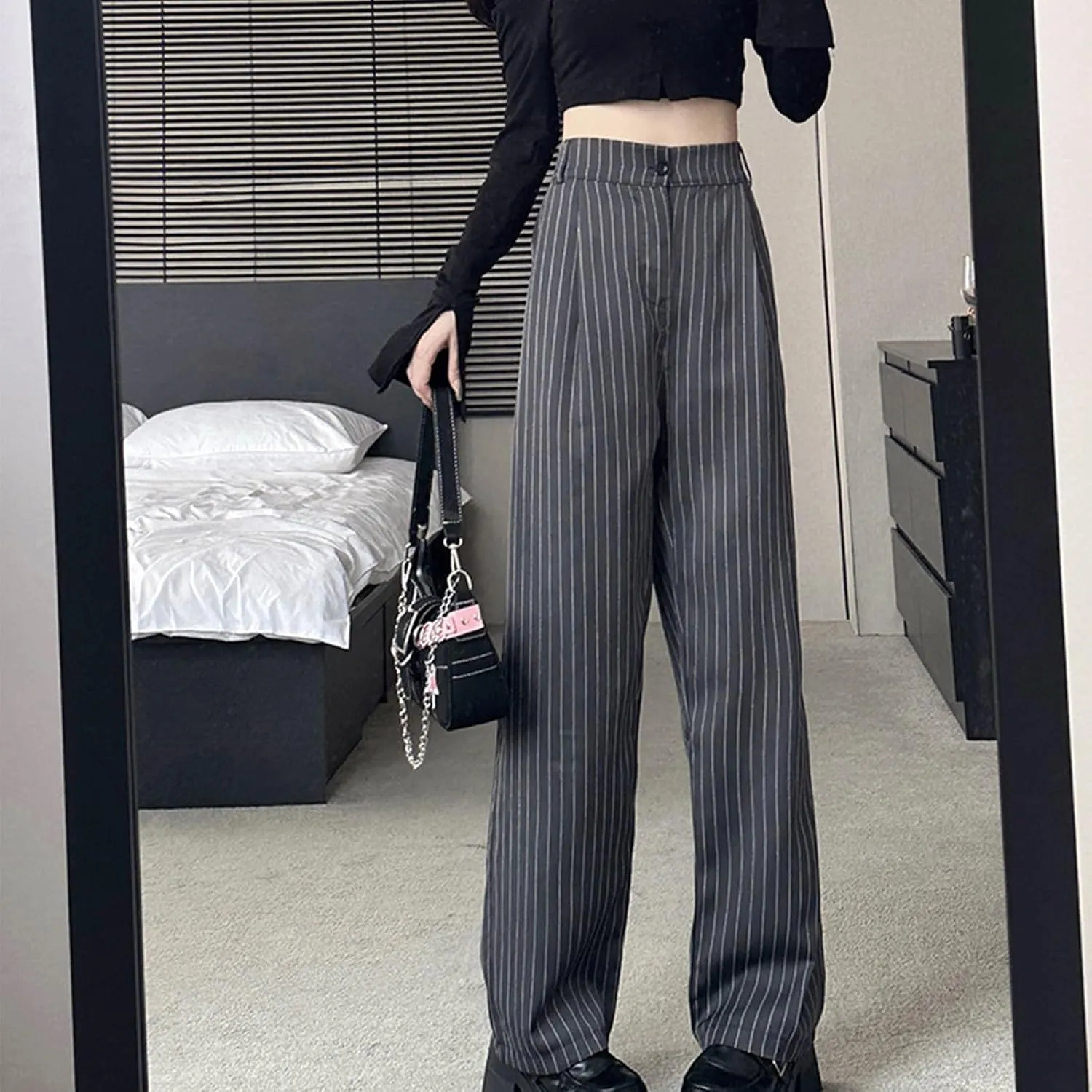 Women Wide Leg Dress Pants Fall Fashion Stripes Buttoned High Waist Business Casual Straight Trousers Loose Sweatpant