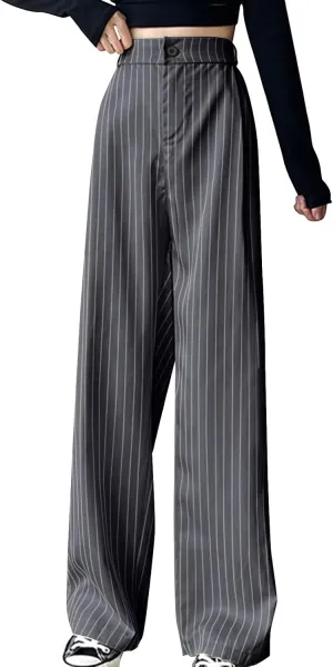 Women Wide Leg Dress Pants Fall Fashion Stripes Buttoned High Waist Business Casual Straight Trousers Loose Sweatpant