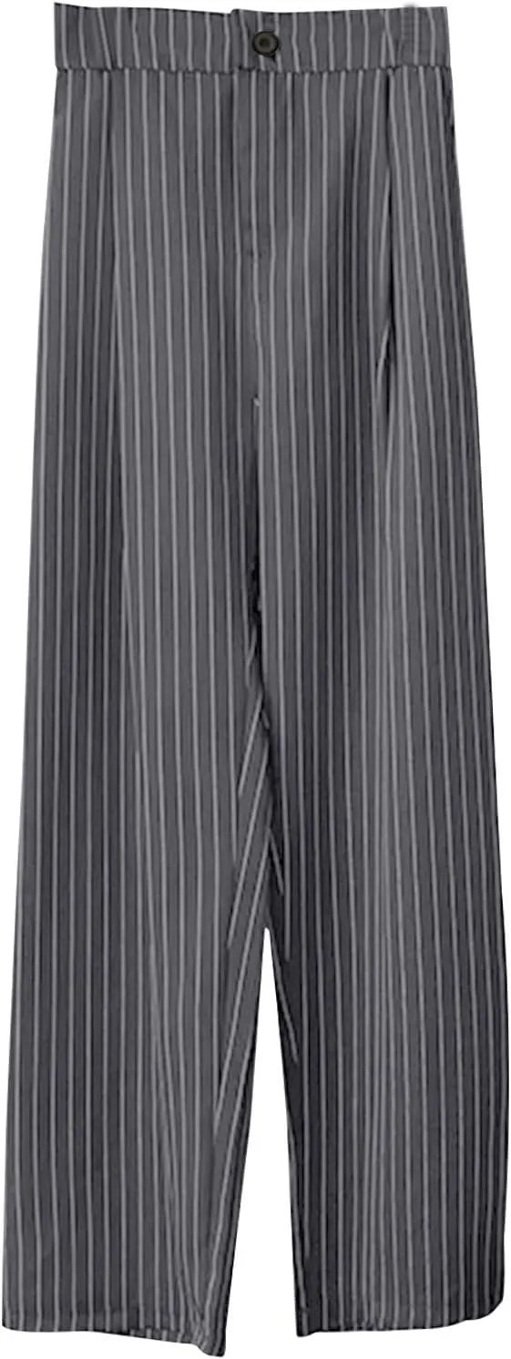 Women Wide Leg Dress Pants Fall Fashion Stripes Buttoned High Waist Business Casual Straight Trousers Loose Sweatpant