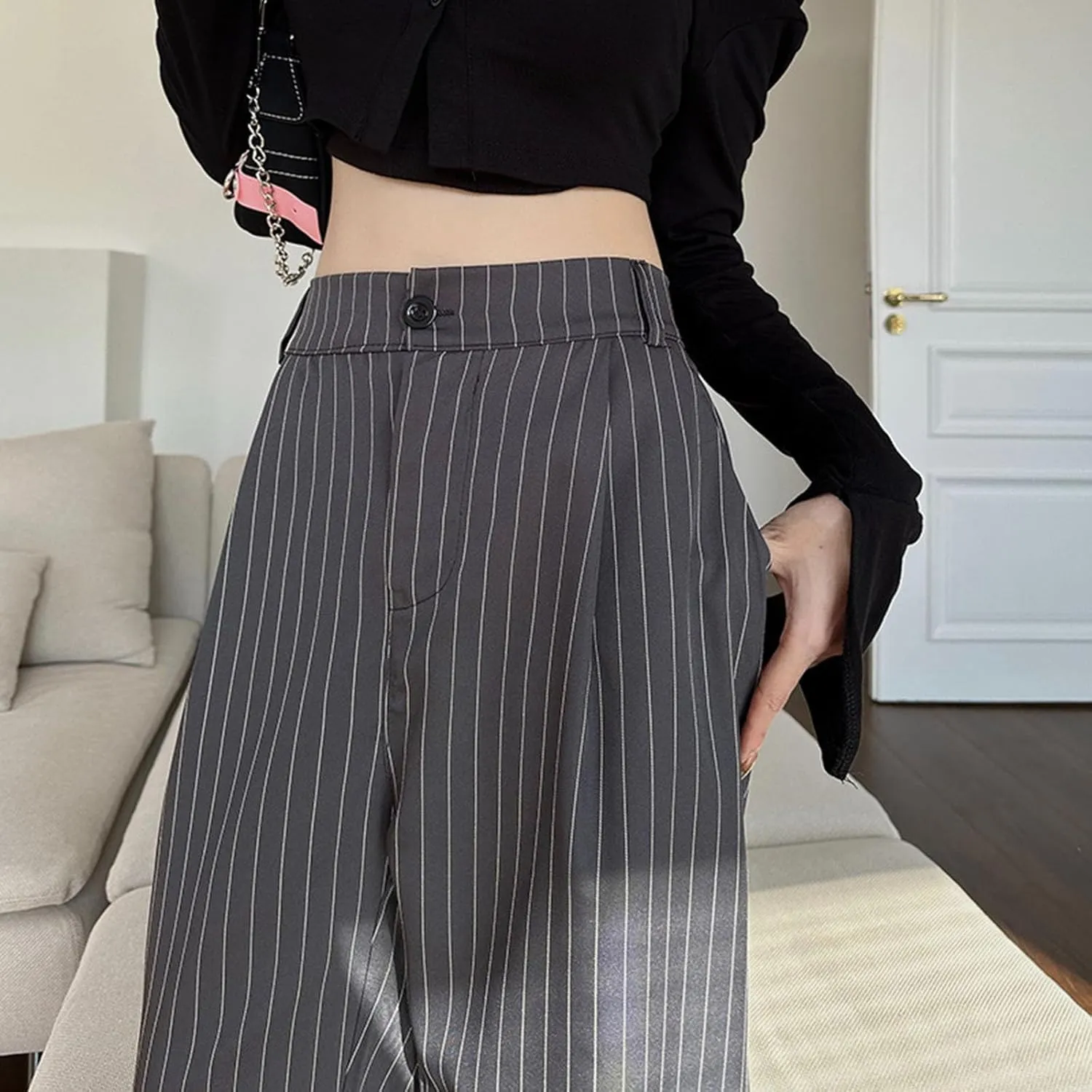 Women Wide Leg Dress Pants Fall Fashion Stripes Buttoned High Waist Business Casual Straight Trousers Loose Sweatpant