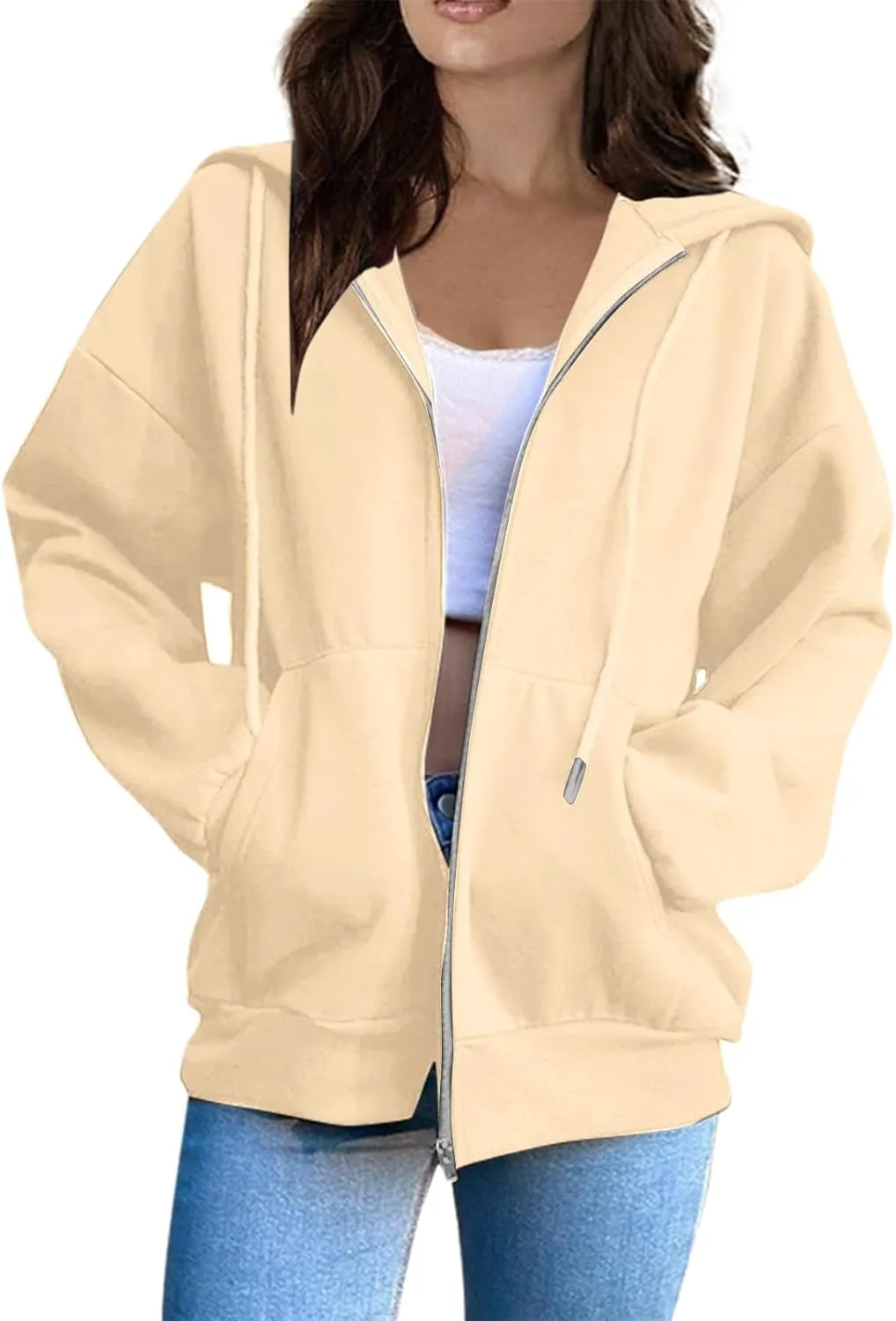 Women Zip Up Hoodie Casual Loose Oversized Sweatshirt Long Sleeve Comfy Fleece Jacket with Pockets Workout Clothes