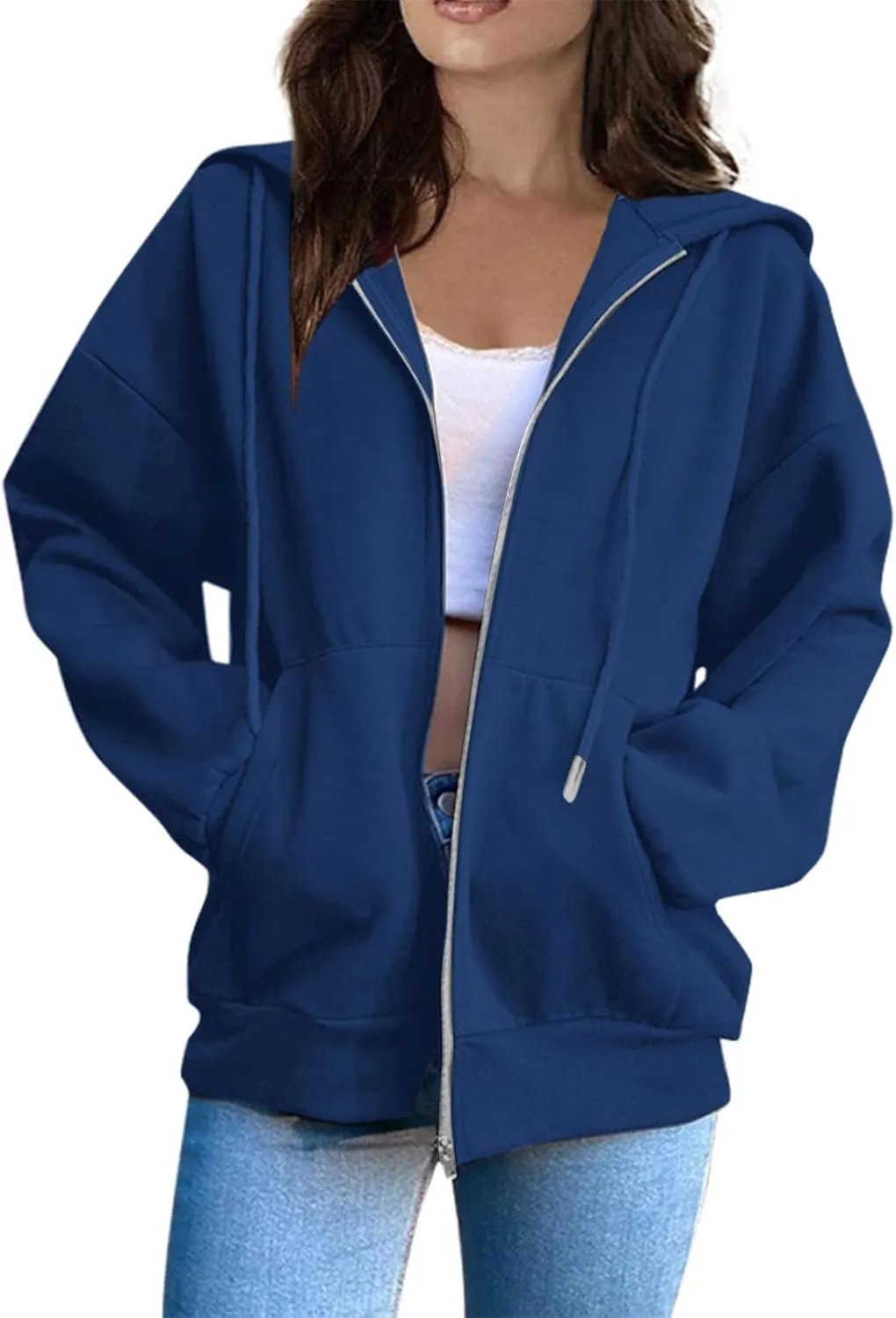 Women Zip Up Hoodie Casual Loose Oversized Sweatshirt Long Sleeve Comfy Fleece Jacket with Pockets Workout Clothes