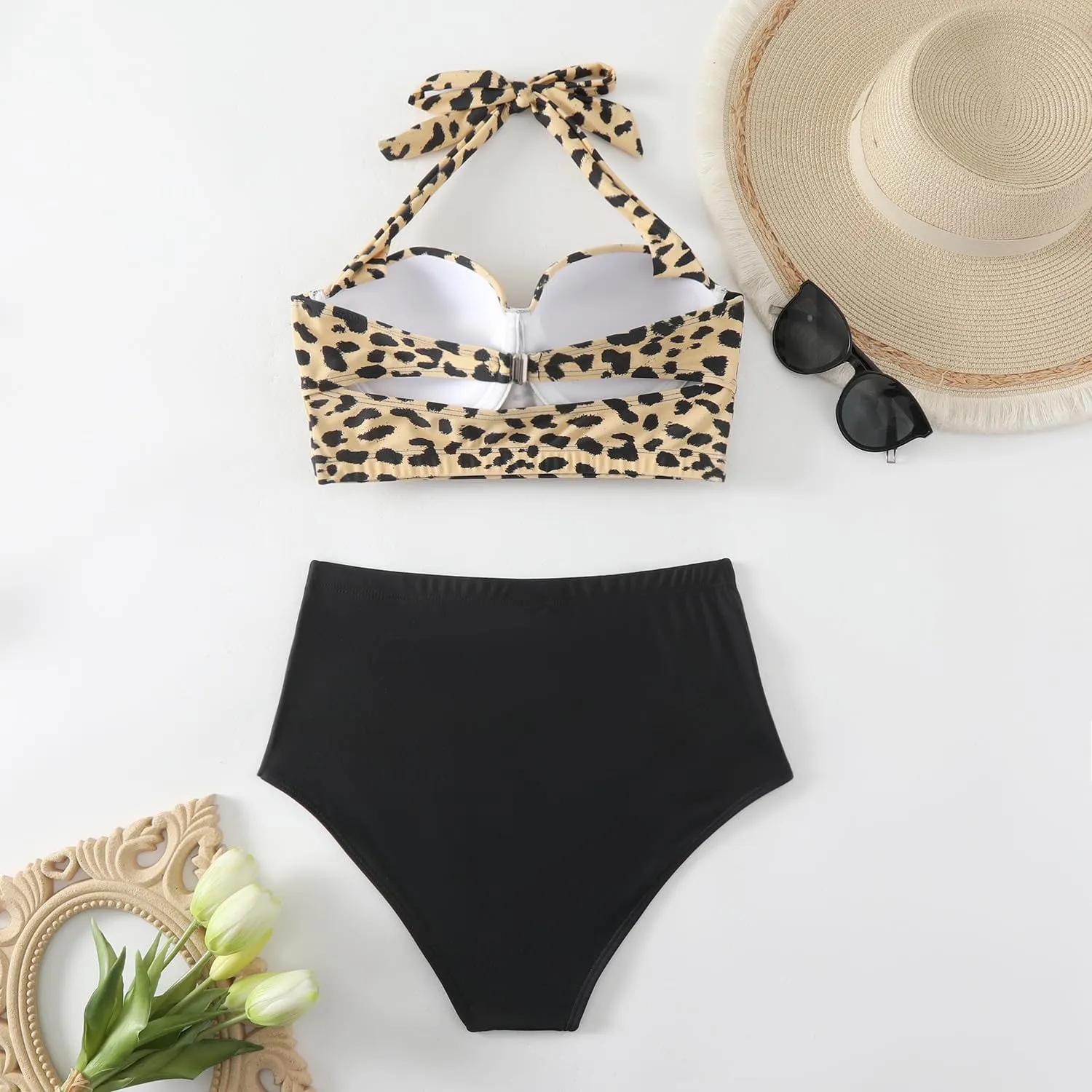 Women's 2 Piece Bikini Sets Tie Back Swim Suits High Waisted Push Up Cami Bra with Shorts Swimsuit Set