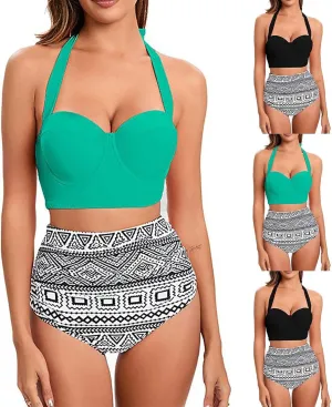 Women's 2 Piece Bikini Sets Tie Back Swim Suits High Waisted Push Up Cami Bra with Shorts Swimsuit Set