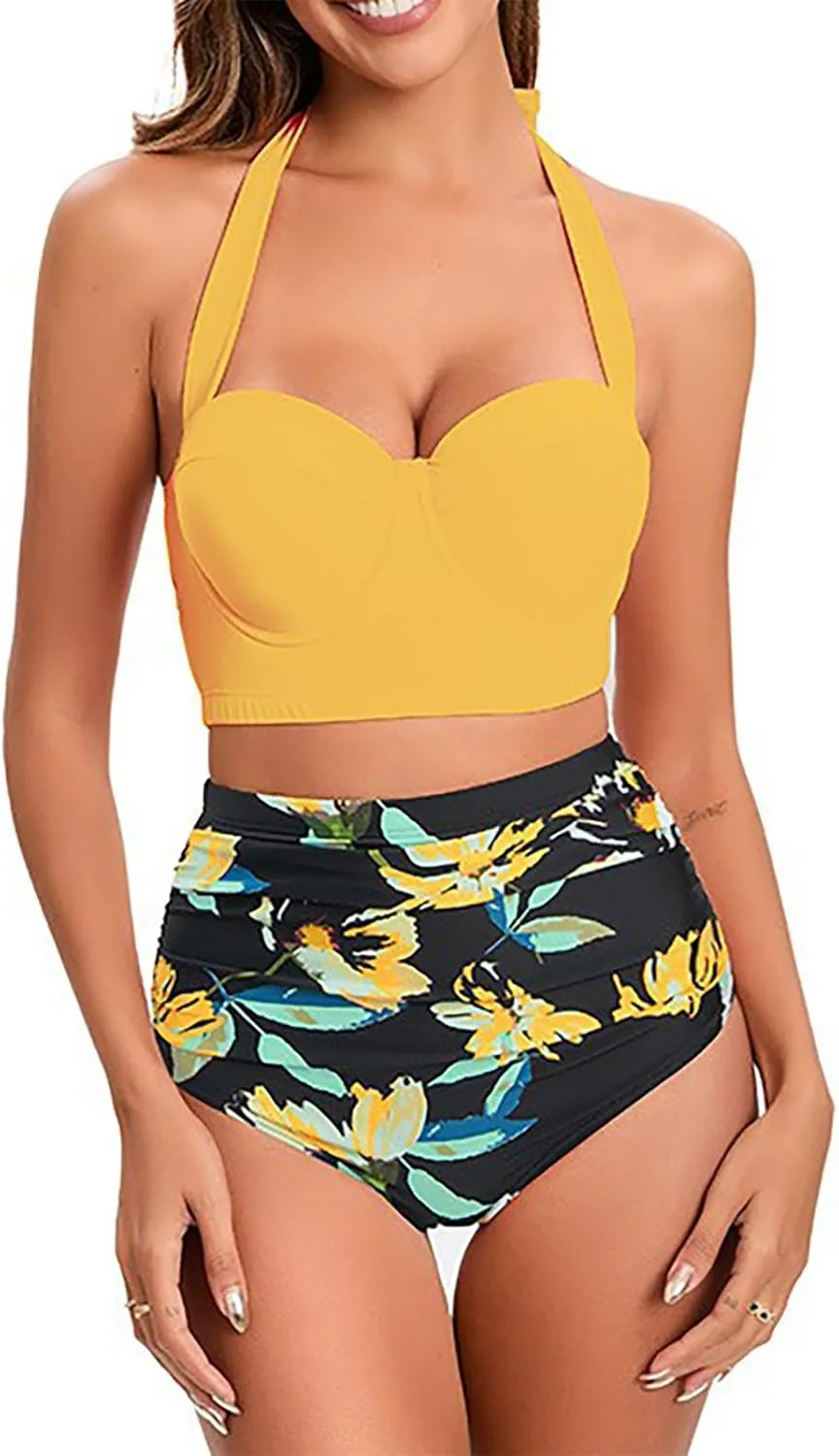 Women's 2 Piece Bikini Sets Tie Back Swim Suits High Waisted Push Up Cami Bra with Shorts Swimsuit Set