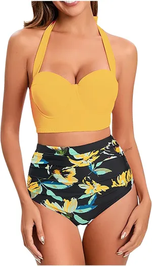Women's 2 Piece Bikini Sets Tie Back Swim Suits High Waisted Push Up Cami Bra with Shorts Swimsuit Set