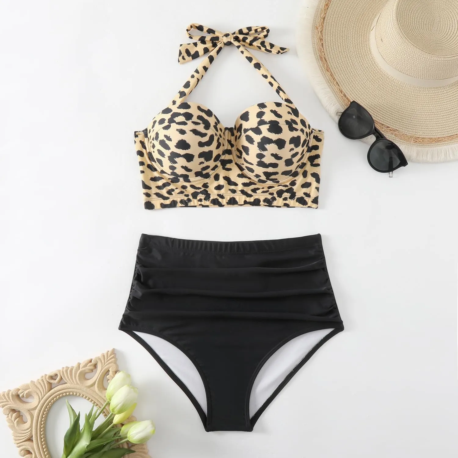 Women's 2 Piece Bikini Sets Tie Back Swim Suits High Waisted Push Up Cami Bra with Shorts Swimsuit Set
