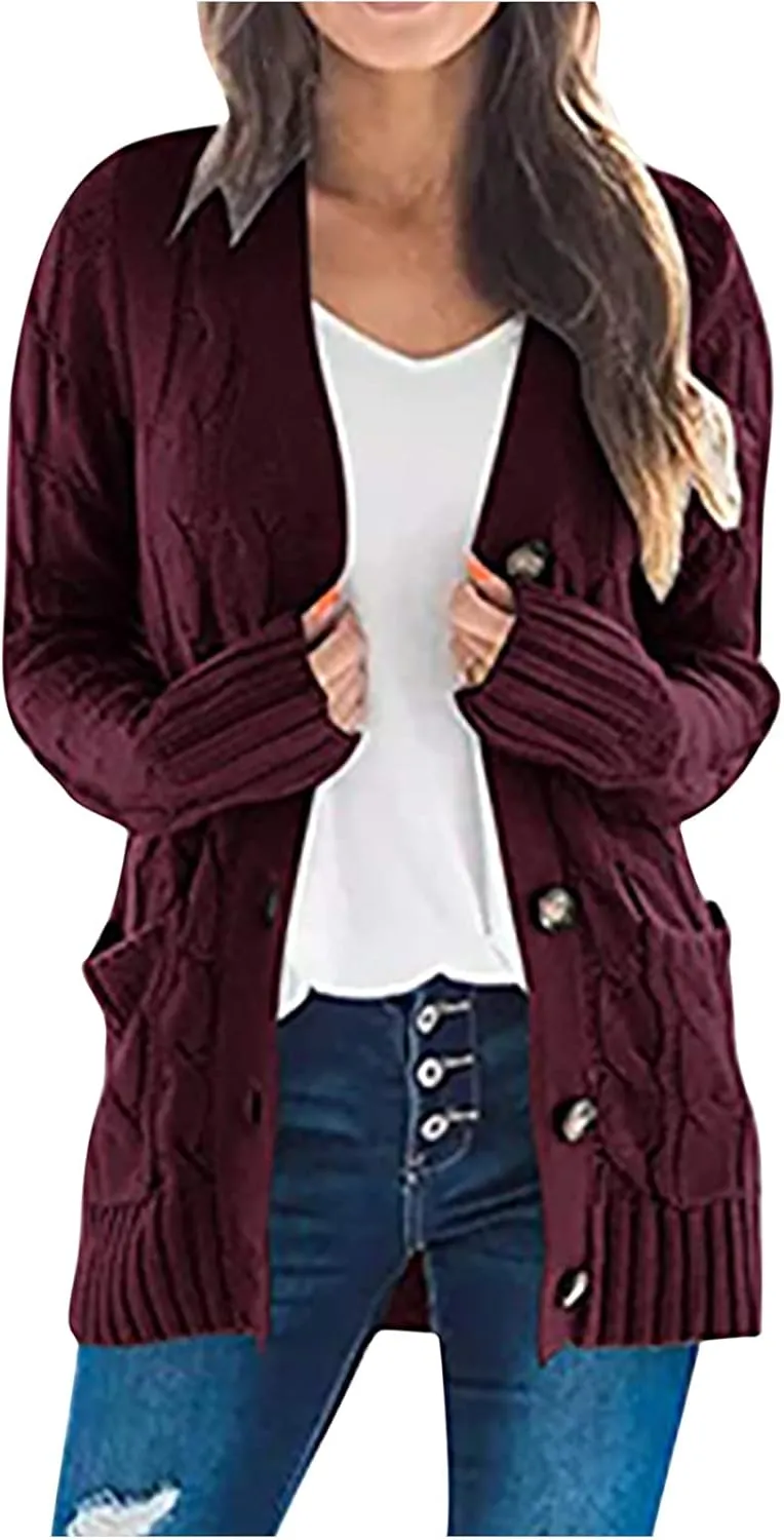 Women's 2025 Fall Casual Cardigan Sweater Ladies Cable Knit Open Front Coat Tops Long Sleeve Button Sweaters & Pocket