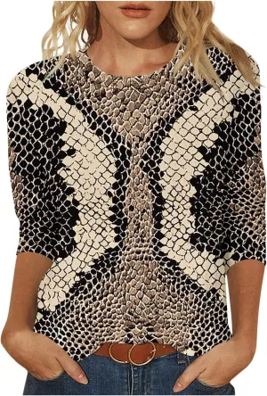 Womens 3/4 Sleeve Top, Fashion Snake Skin Print Casual Loose Fit Crew Neck Shirt, Trendy Printed T-Shirt Blouses