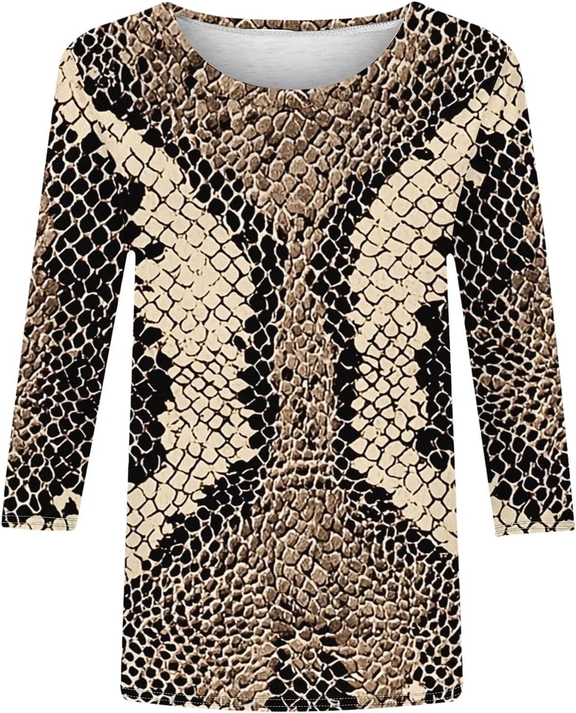 Womens 3/4 Sleeve Top, Fashion Snake Skin Print Casual Loose Fit Crew Neck Shirt, Trendy Printed T-Shirt Blouses