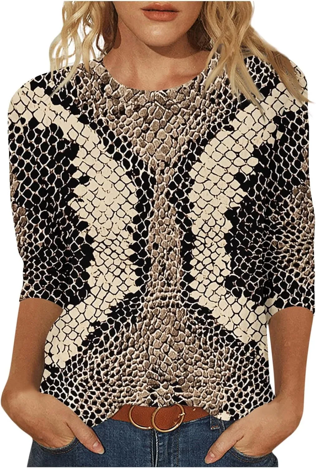 Womens 3/4 Sleeve Top, Fashion Snake Skin Print Casual Loose Fit Crew Neck Shirt, Trendy Printed T-Shirt Blouses