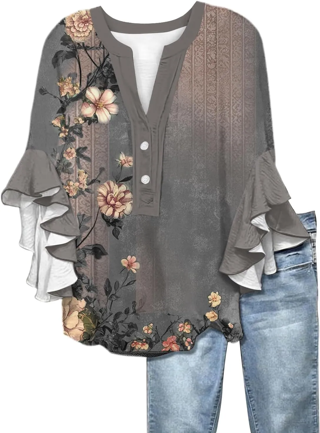 Womens 3/4 Sleeve Tops Casual Ruffle Floral Henley Notched V Neck T Shirts Loose Fit Graphic Button Dressy Blouses