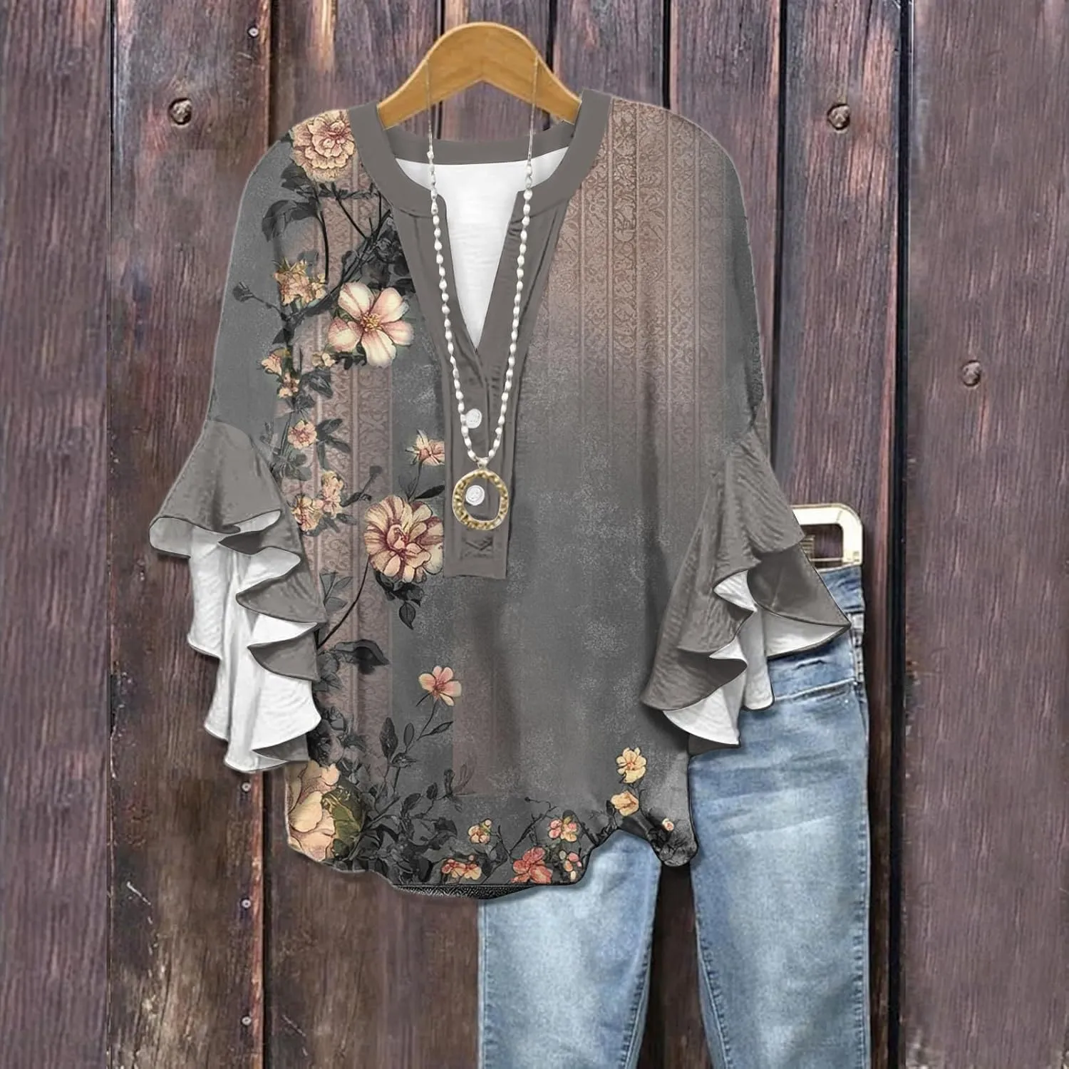 Womens 3/4 Sleeve Tops Casual Ruffle Floral Henley Notched V Neck T Shirts Loose Fit Graphic Button Dressy Blouses