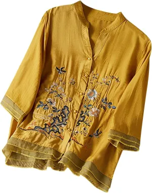 Women's 3/4 Sleeve Tops Trendy Summer 2025 Cotton Linen Floral Print T-Shirts Casual Loose Fit Blouses Vacation Outfits