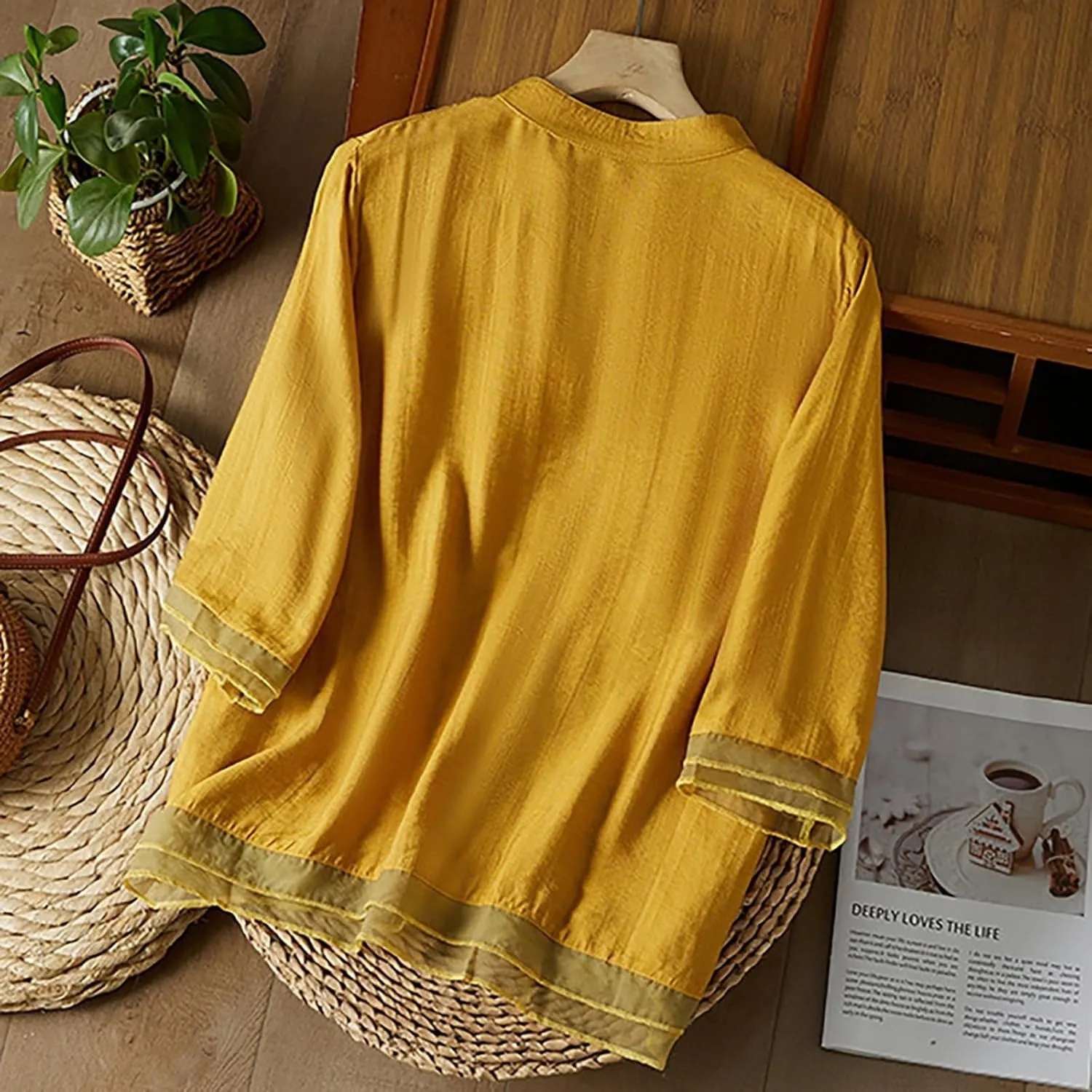 Women's 3/4 Sleeve Tops Trendy Summer 2025 Cotton Linen Floral Print T-Shirts Casual Loose Fit Blouses Vacation Outfits