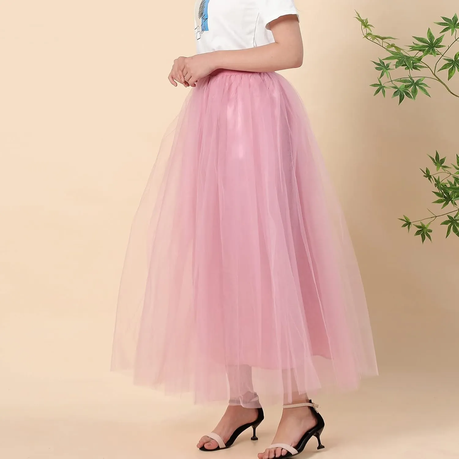 Women's A-Line High Waisted Midi Skirt Womens Long Tulle Skirt Pleated A Line Skirt High Waist Elastic Mesh Flowy
