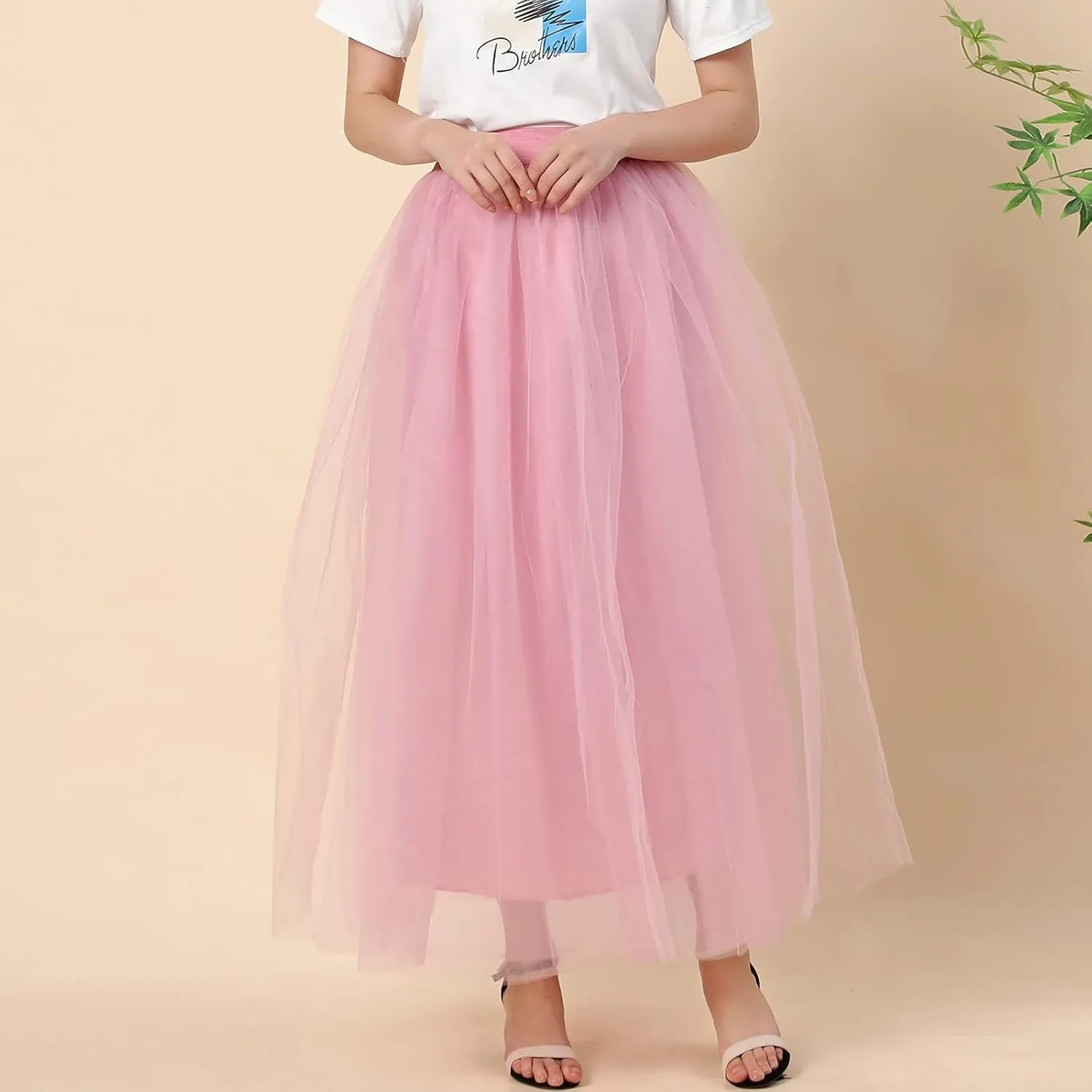 Women's A-Line High Waisted Midi Skirt Womens Long Tulle Skirt Pleated A Line Skirt High Waist Elastic Mesh Flowy