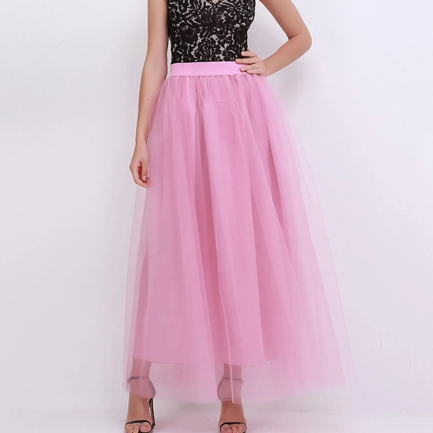 Women's A-Line High Waisted Midi Skirt Womens Long Tulle Skirt Pleated A Line Skirt High Waist Elastic Mesh Flowy