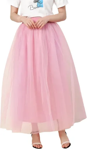 Women's A-Line High Waisted Midi Skirt Womens Long Tulle Skirt Pleated A Line Skirt High Waist Elastic Mesh Flowy
