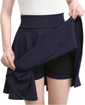 Women's Basic Mini Skirt Elastic High Waisted Casual Stretchy Pleated Skirts with Shorts A-Line Swing Short Dress