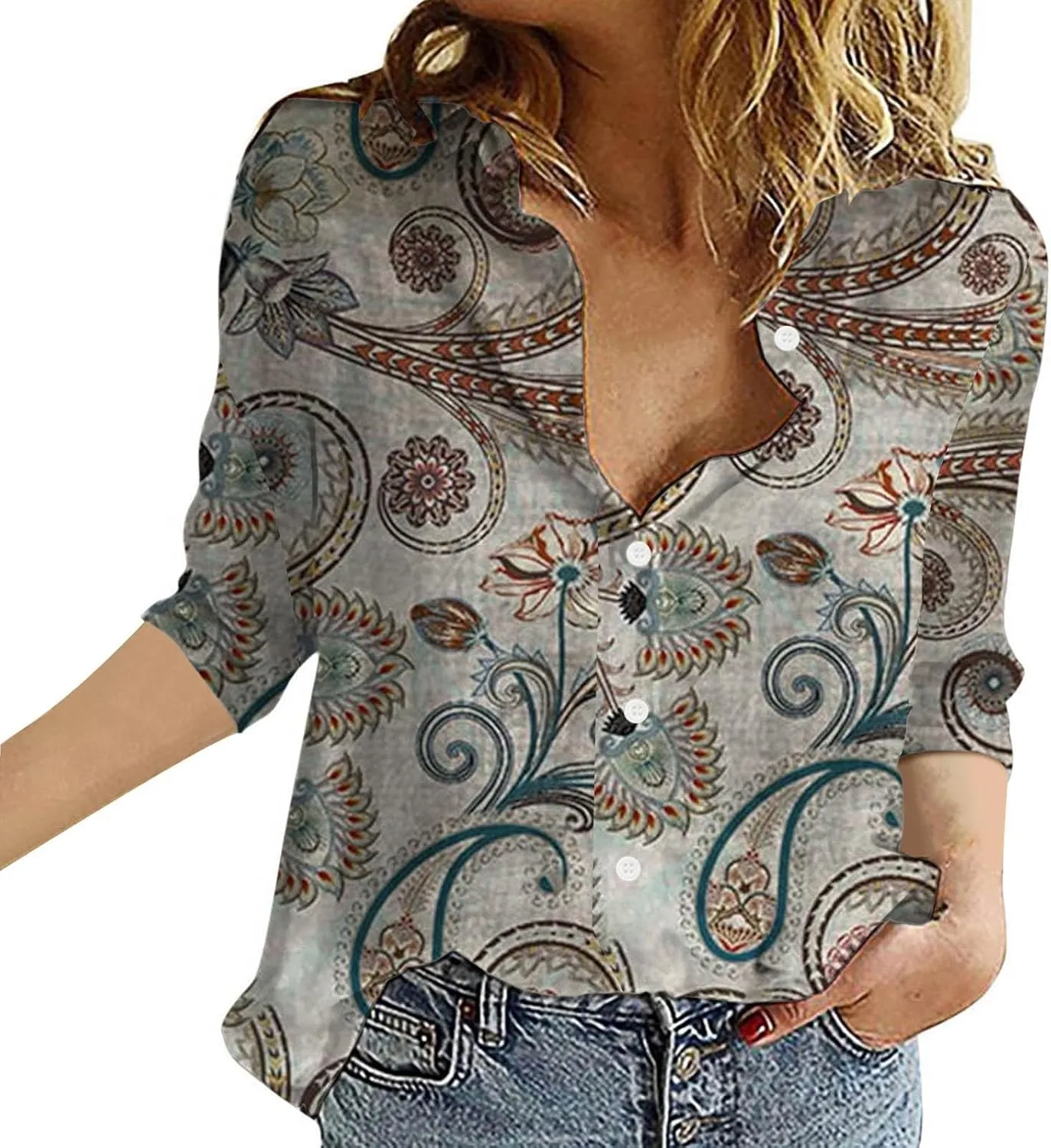 Womens Button Down Shirt Linen Shirt Roll Up Sleeve Down Blouses Tops Blue for Women Chambray Button