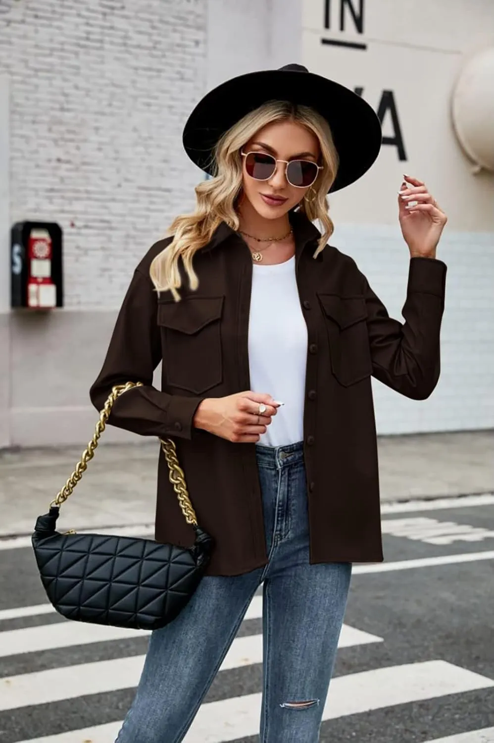 Womens Button Front Faux PU Leather Jacket Shacket Casual Shirt Long Sleeve Blazer Coat with Bust Pocket