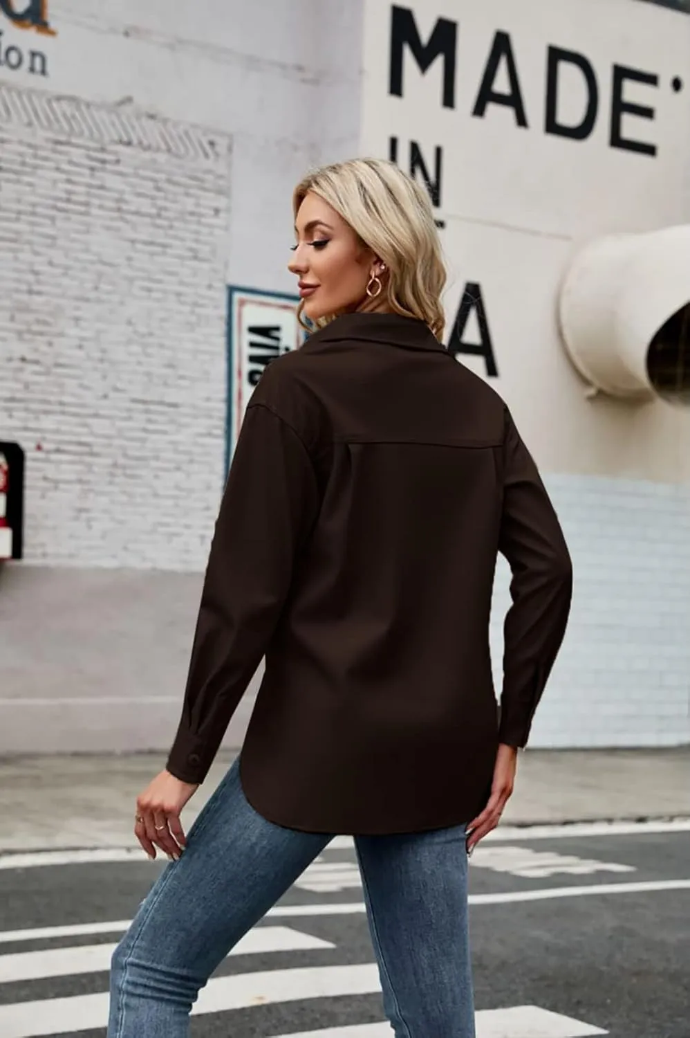 Womens Button Front Faux PU Leather Jacket Shacket Casual Shirt Long Sleeve Blazer Coat with Bust Pocket