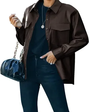 Womens Button Front Faux PU Leather Jacket Shacket Casual Shirt Long Sleeve Blazer Coat with Bust Pocket