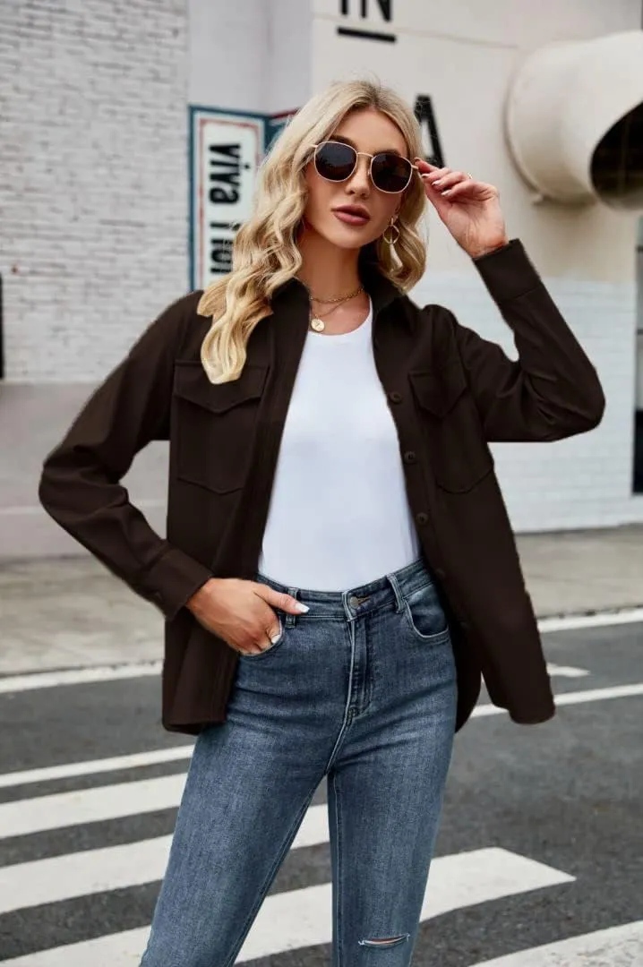 Womens Button Front Faux PU Leather Jacket Shacket Casual Shirt Long Sleeve Blazer Coat with Bust Pocket