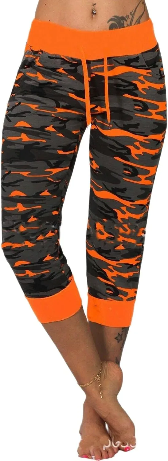 Womens Capri Yoga Pants Camouflage Print Drawstring Elastic Waist Cropped Pant Butt Lifting Athletic Workout Pants