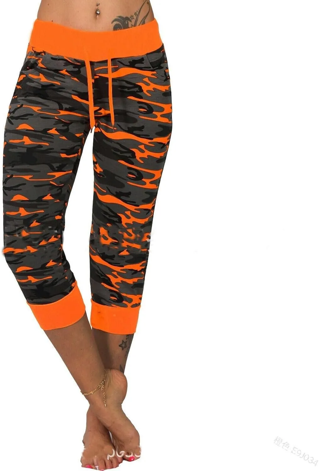Womens Capri Yoga Pants Camouflage Print Drawstring Elastic Waist Cropped Pant Butt Lifting Athletic Workout Pants