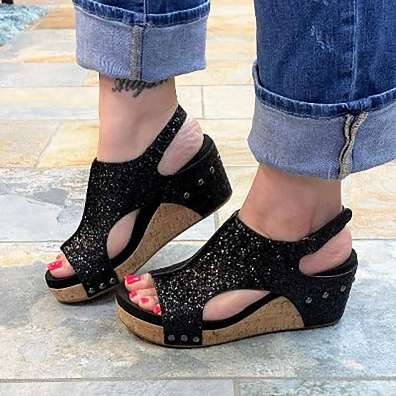 Womens Carley Wedges, Foam Cushioned Insoles,Hook Loop Closure Wedge Sandals Platform Open Toe Buckle Ankle Strap Espadrilles Lightweight for All Day Wear