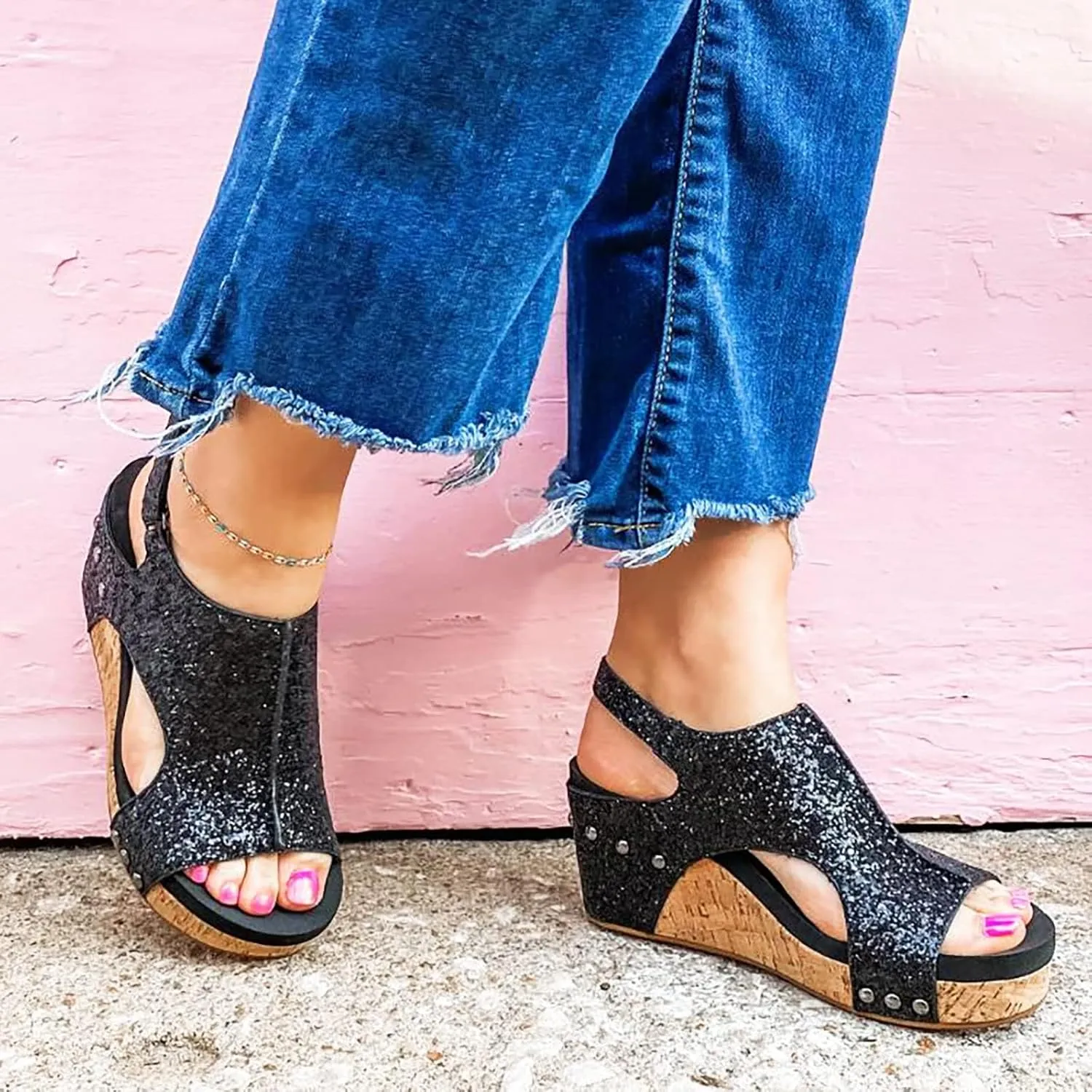 Womens Carley Wedges, Foam Cushioned Insoles,Hook Loop Closure Wedge Sandals Platform Open Toe Buckle Ankle Strap Espadrilles Lightweight for All Day Wear