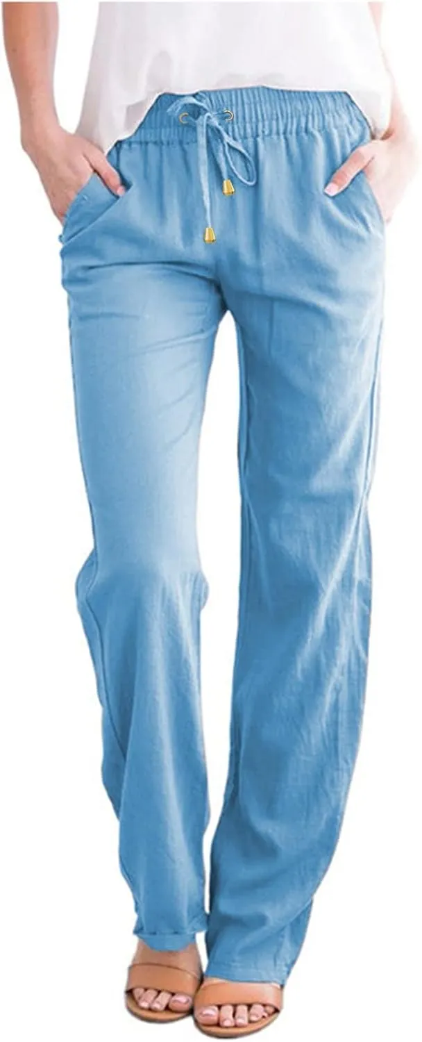 Womens Casual Cotton Linen Pants Lightweight Summer Relax Fit Elastic Waist Lounge Long Trousers Summer Beach Pants
