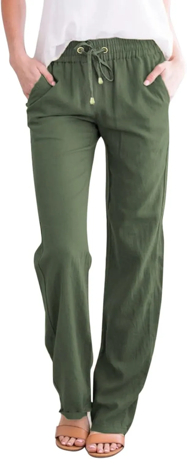 Womens Casual Cotton Linen Pants Lightweight Summer Relax Fit Elastic Waist Lounge Long Trousers Summer Beach Pants