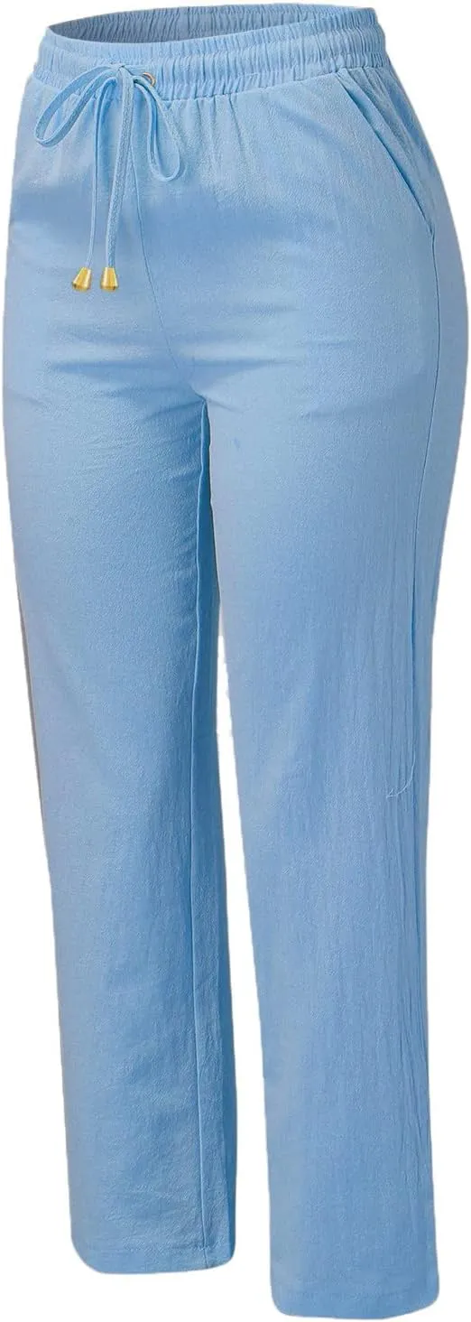 Womens Casual Cotton Linen Pants Lightweight Summer Relax Fit Elastic Waist Lounge Long Trousers Summer Beach Pants