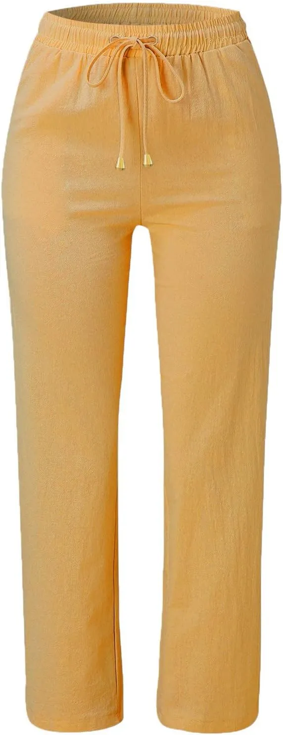 Womens Casual Cotton Linen Pants Lightweight Summer Relax Fit Elastic Waist Lounge Long Trousers Summer Beach Pants