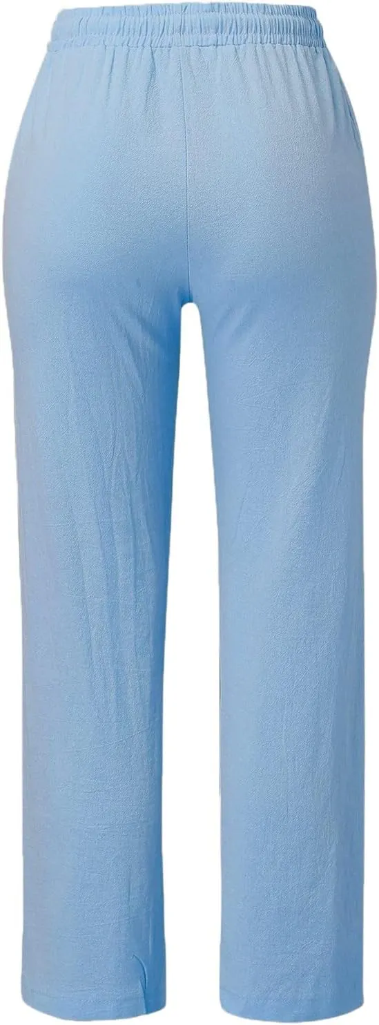Womens Casual Cotton Linen Pants Lightweight Summer Relax Fit Elastic Waist Lounge Long Trousers Summer Beach Pants