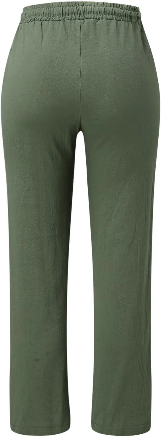 Womens Casual Cotton Linen Pants Lightweight Summer Relax Fit Elastic Waist Lounge Long Trousers Summer Beach Pants