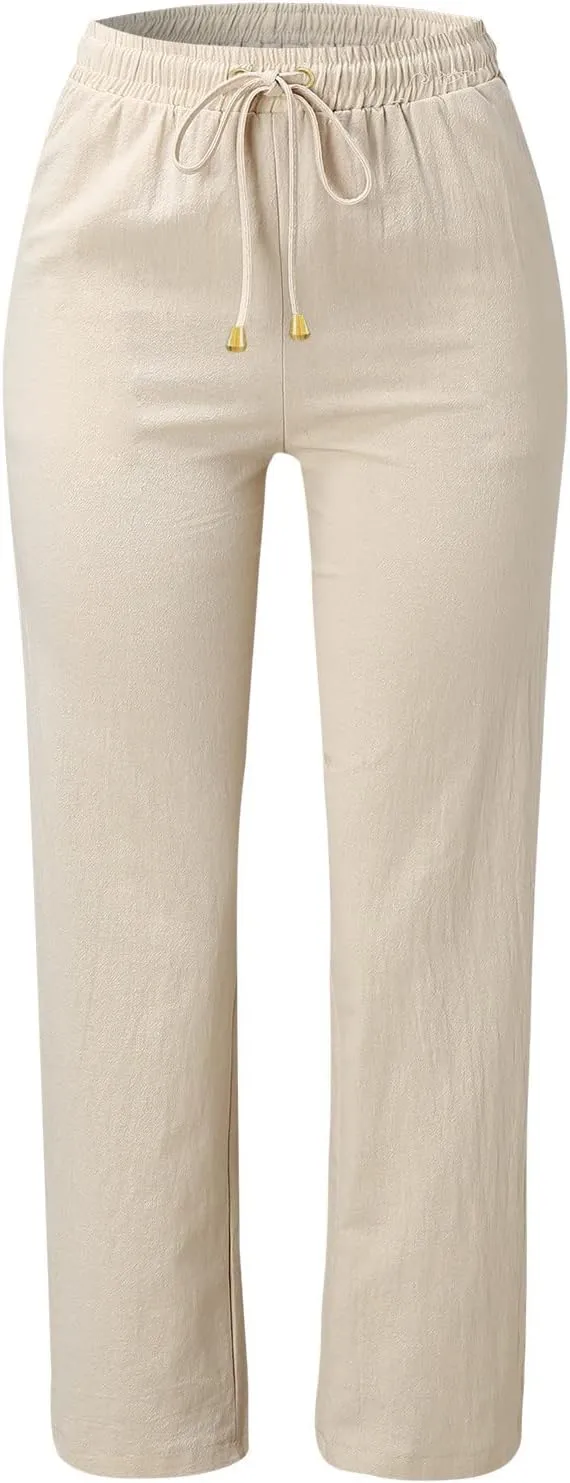 Womens Casual Cotton Linen Pants Lightweight Summer Relax Fit Elastic Waist Lounge Long Trousers Summer Beach Pants