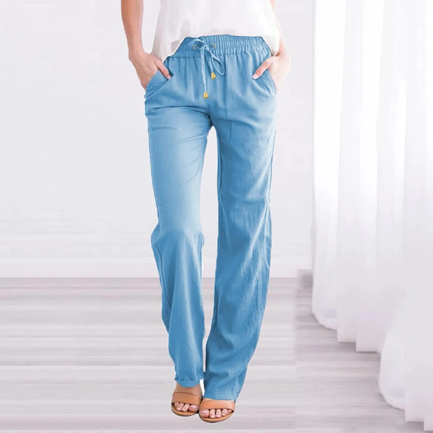 Womens Casual Cotton Linen Pants Lightweight Summer Relax Fit Elastic Waist Lounge Long Trousers Summer Beach Pants