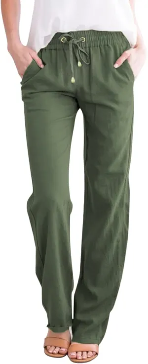 Womens Casual Cotton Linen Pants Lightweight Summer Relax Fit Elastic Waist Lounge Long Trousers Summer Beach Pants