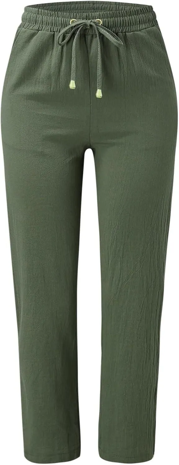 Womens Casual Cotton Linen Pants Lightweight Summer Relax Fit Elastic Waist Lounge Long Trousers Summer Beach Pants